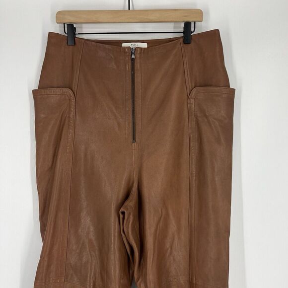 Tibi Pants Size 12 Womens Brown Sheepskin Leather Trousers Wide Leg High Waist - Picture 2 of 9